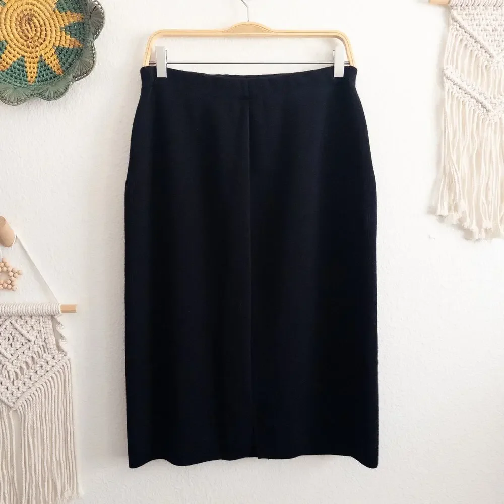 Saint James Black Knit Pure New Wool Pencil Skirt Size 14 Made In France Vintage